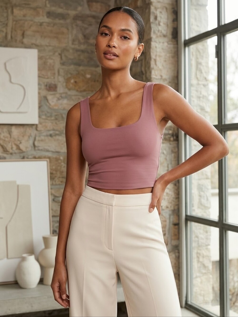 Aritzia Babaton Contour Scoopneck Cropped Tank Dusty Mauve Rose Size S